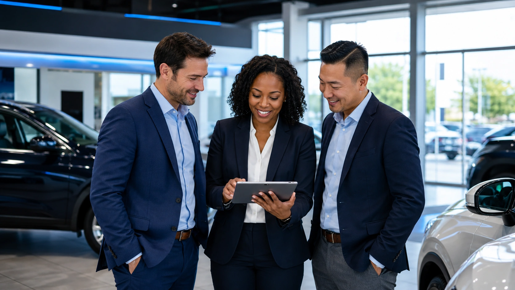 Dealership employees reviewing document management information on a tablet